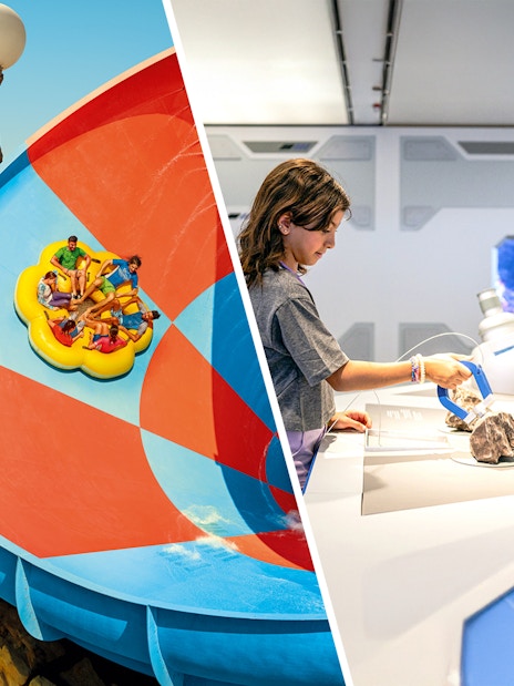 Water park slide with group on raft and child exploring science exhibit indoors.