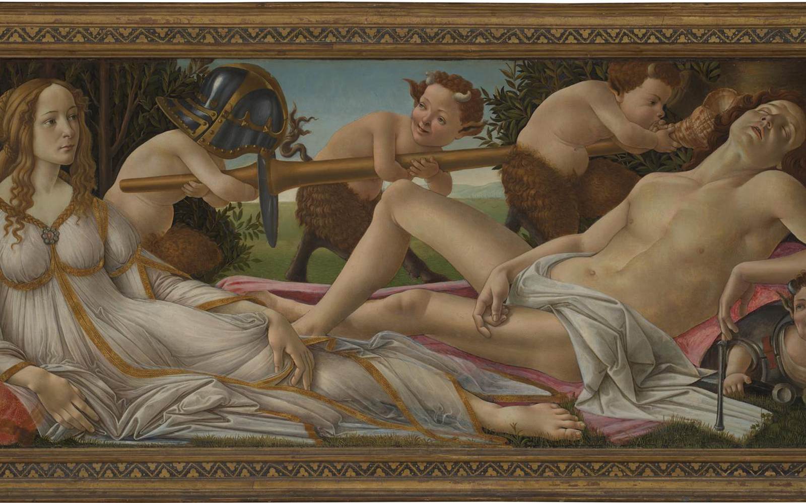 Venus and Mars by Sandro Botticelli, depicting Venus watching over a sleeping Mars with playful satyrs.