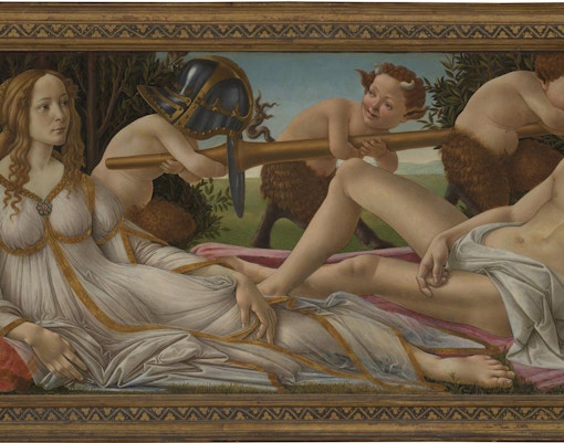 Venus and Mars by Sandro Botticelli, depicting Venus watching over a sleeping Mars with playful satyrs.