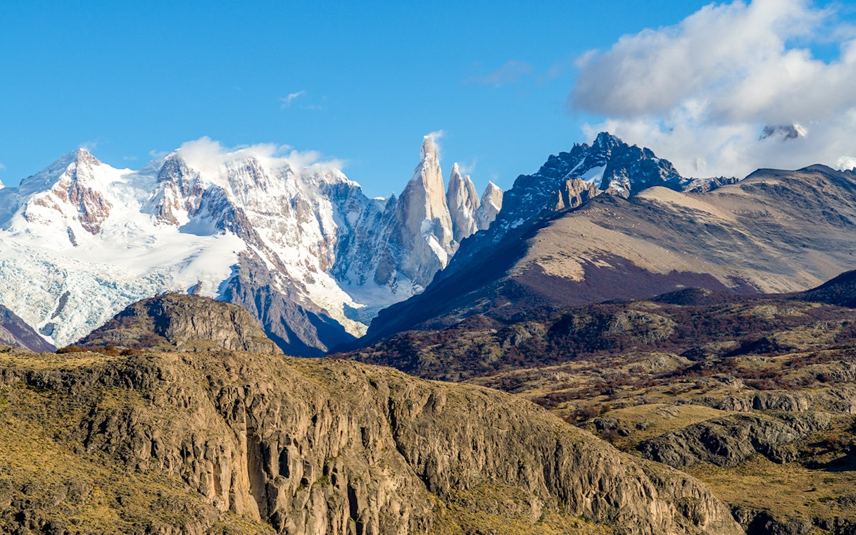 Mount Fitz Roy with rugged peaks and surrounding rocky landscape in Patagonia.