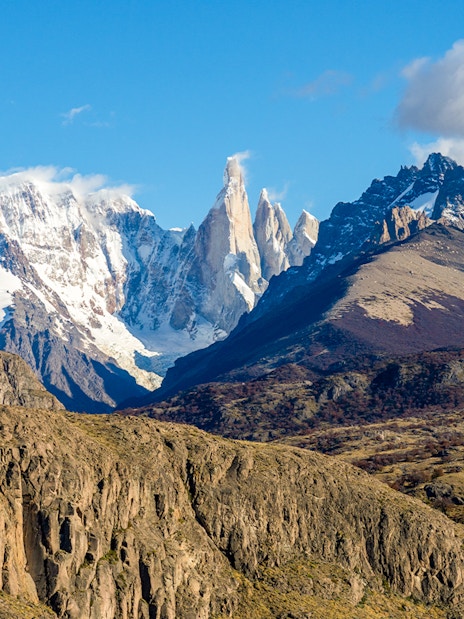 Mount Fitz Roy with rugged peaks and surrounding rocky landscape in Patagonia.