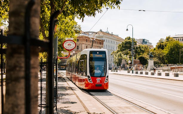 Tram on a street in Vienna with historic buildings and trees in the background.