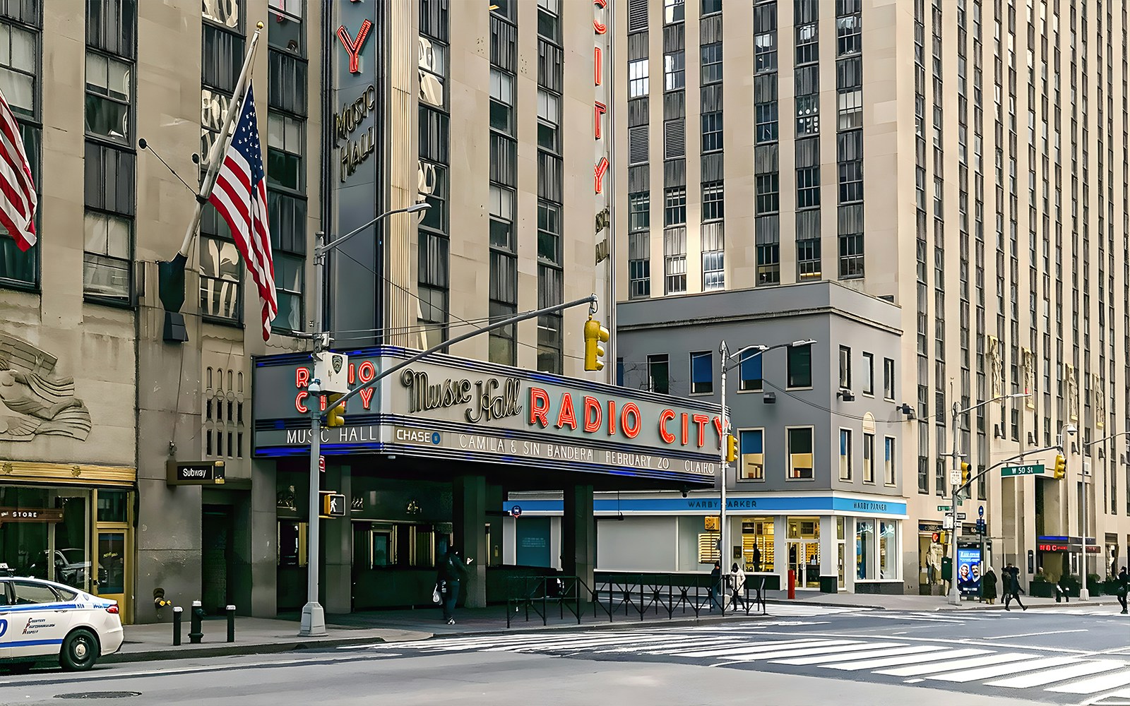 Radio City Music Hall entrance at Rockefeller Center, New York City.