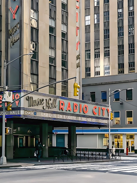 Radio City Music Hall entrance at Rockefeller Center, New York City.