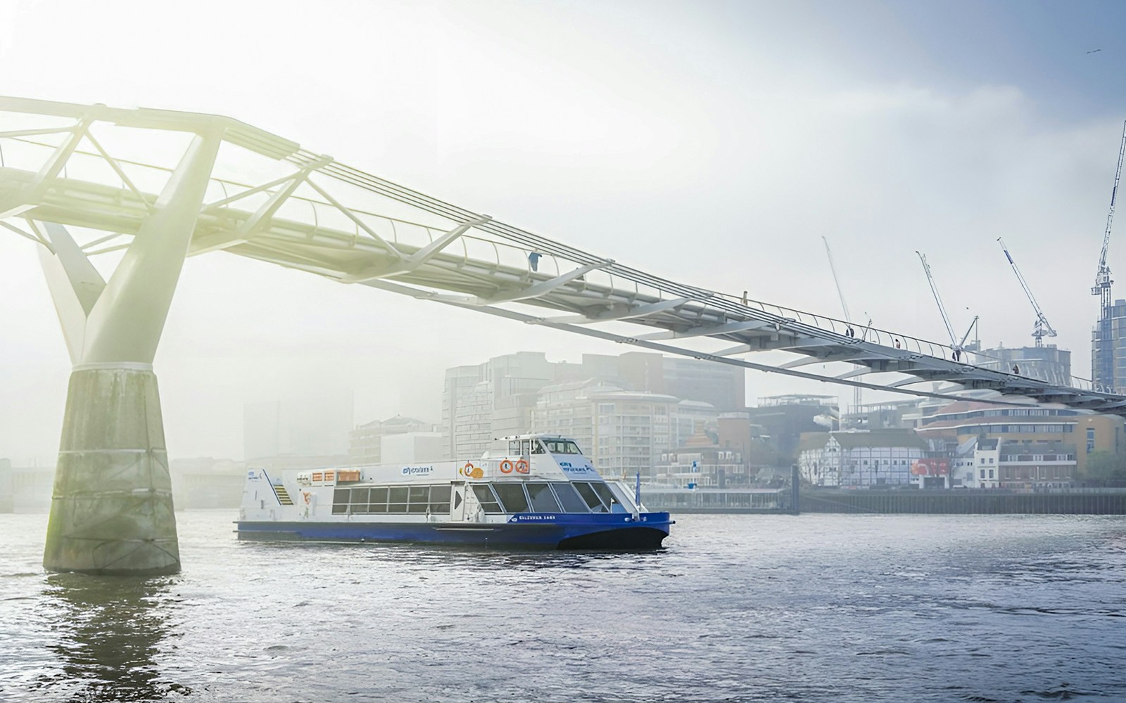 Sightseeing cruise on River Thames passing under Millennium Bridge, London.