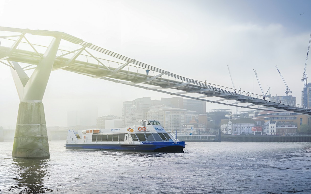 Sightseeing cruise on River Thames passing under Millennium Bridge, London.
