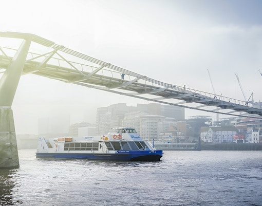 Sightseeing cruise on River Thames passing under Millennium Bridge, London.
