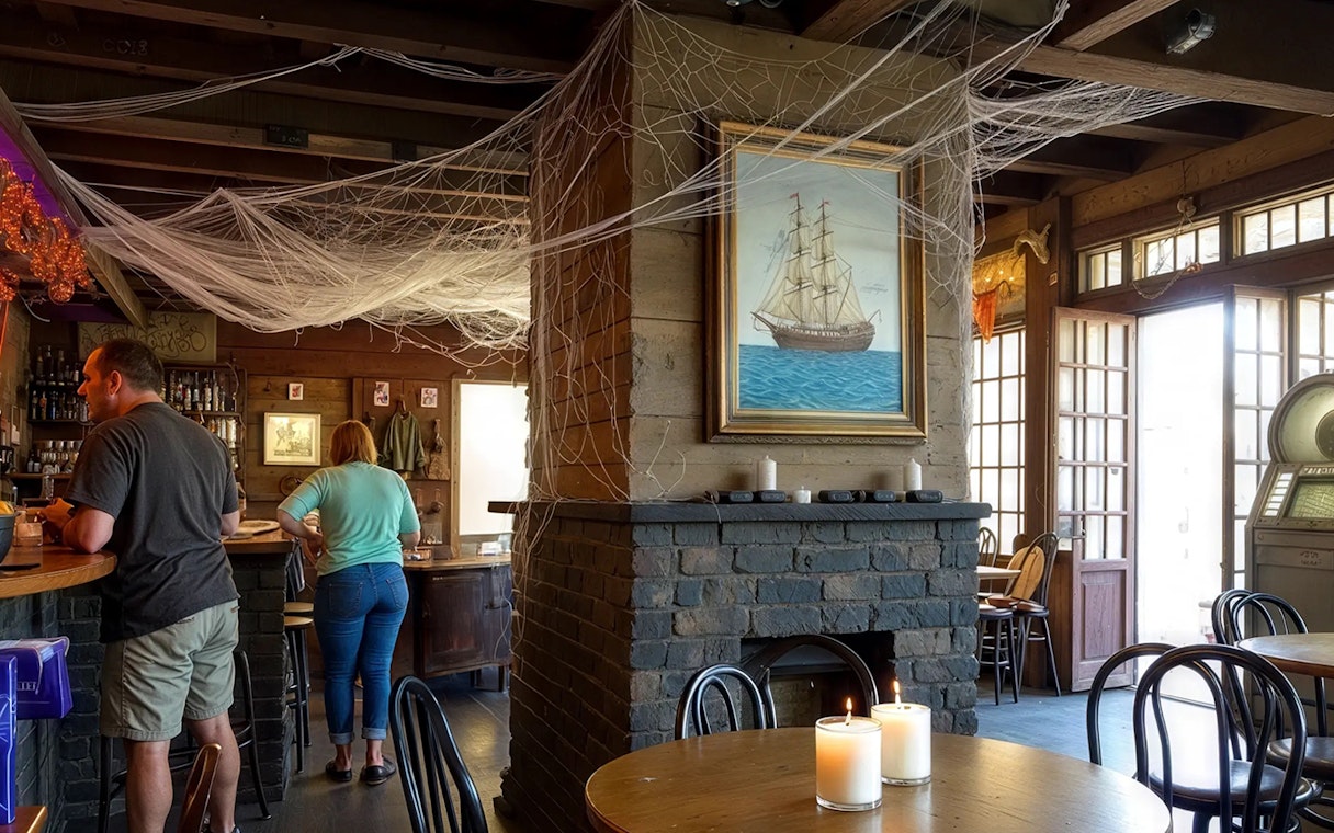 Inside Lafitte’s Blacksmith Shop, patrons at bar, New Orleans haunted pub crawl.