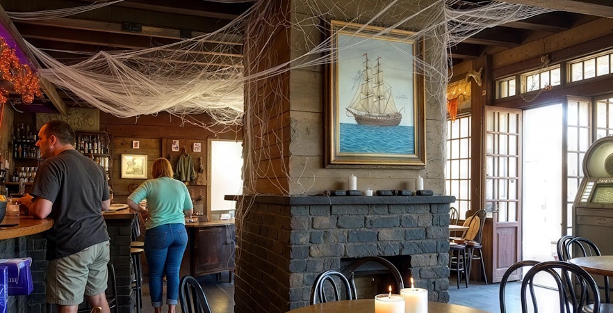 Inside Lafitte’s Blacksmith Shop, patrons at bar, New Orleans haunted pub crawl.