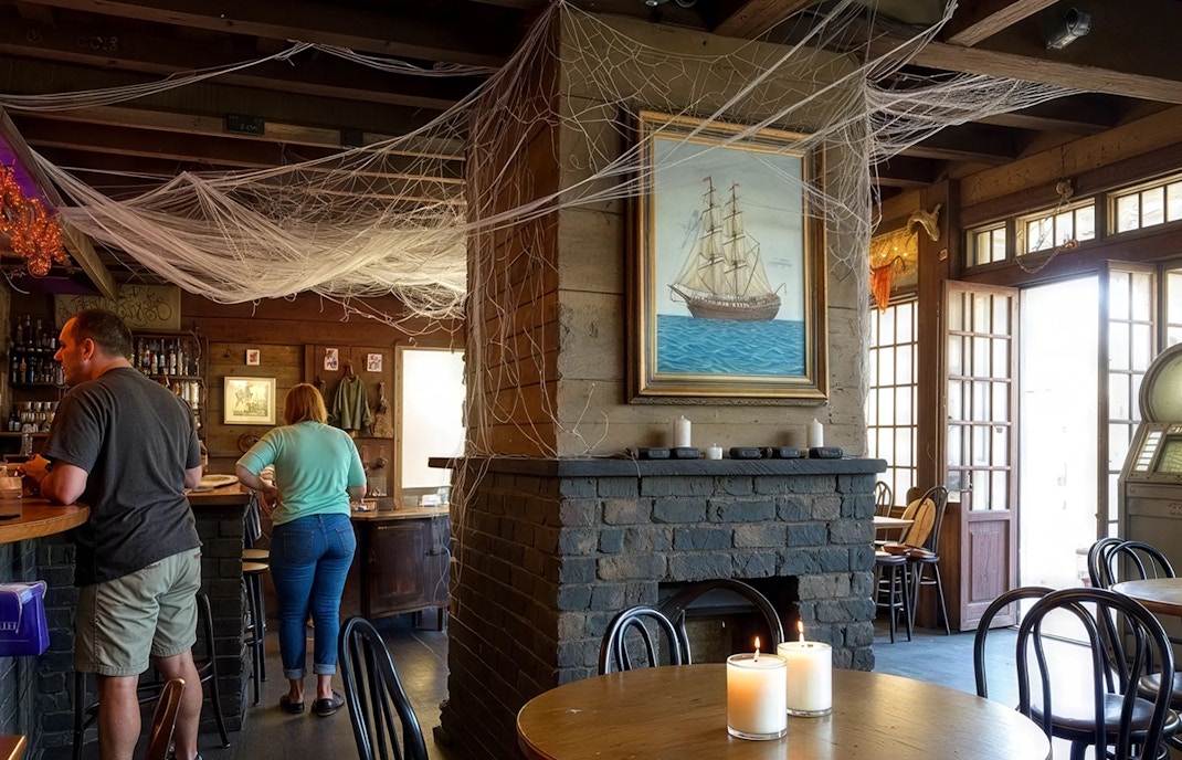 Inside Lafitte’s Blacksmith Shop, patrons at bar, New Orleans haunted pub crawl.