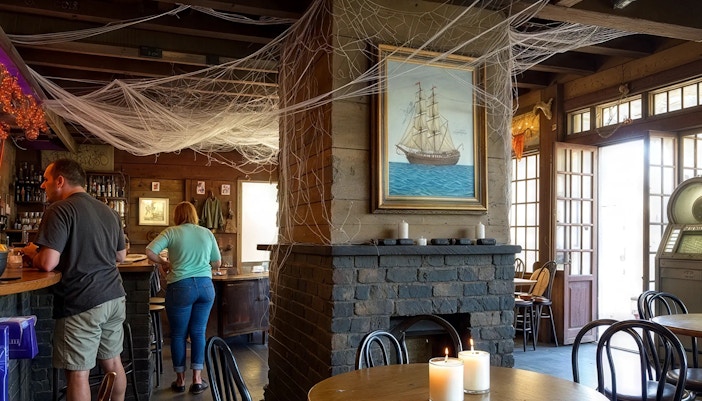 Inside Lafitte’s Blacksmith Shop, patrons at bar, New Orleans haunted pub crawl.