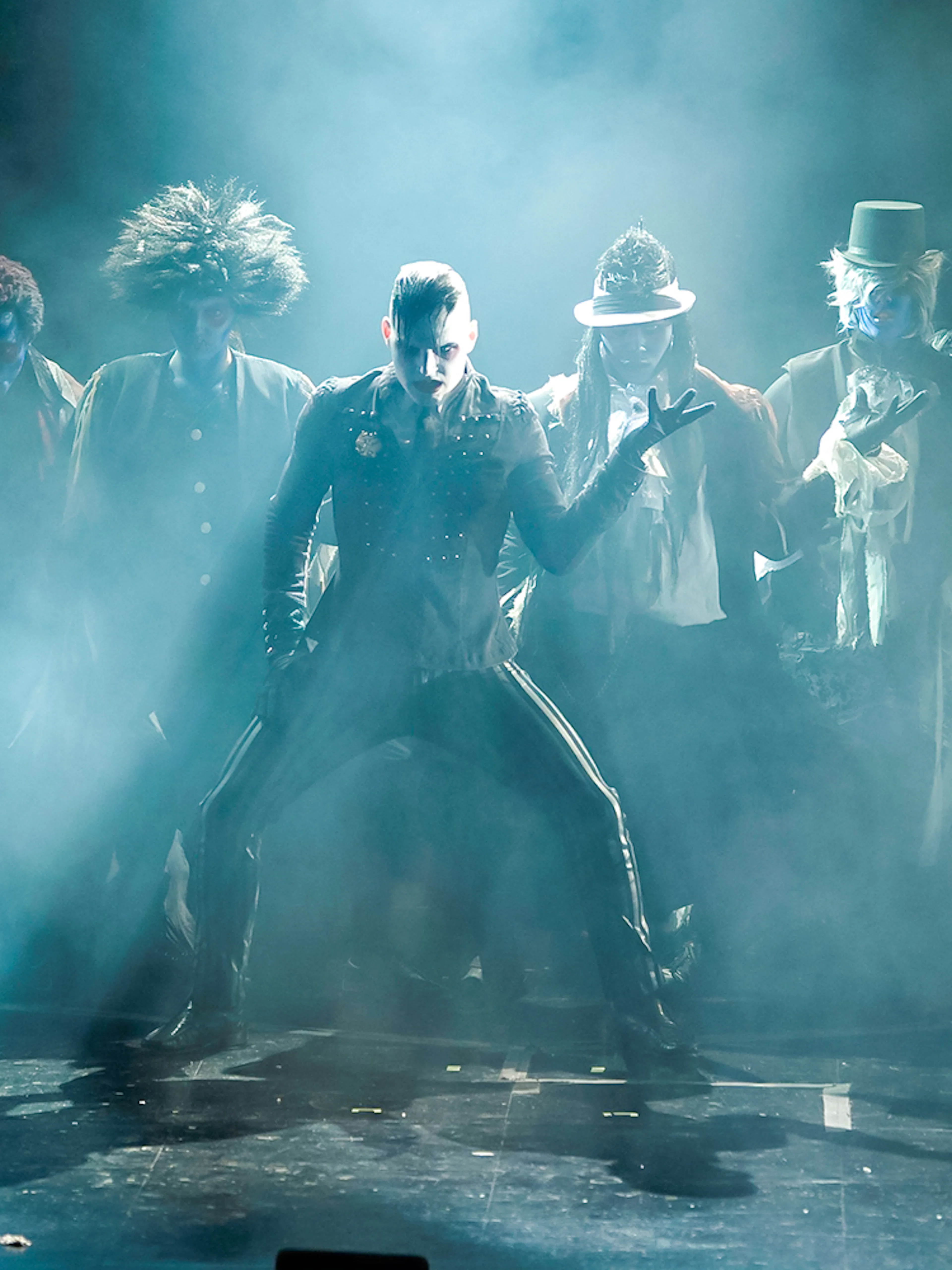 Performers in costume during Halloween Haunt show at Dorney Park.