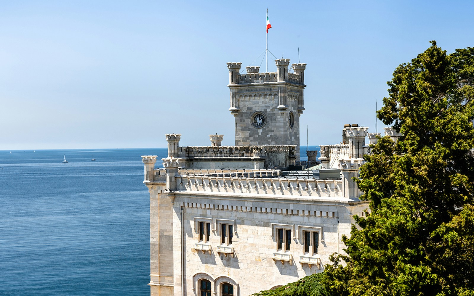 Miramare Castle Tower overlooking the Gulf of Trieste, Italy.