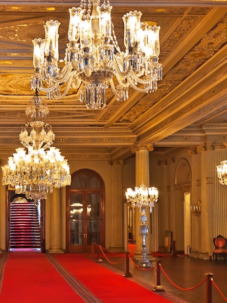 Chandeliers and red carpet in Medhal Hall, Dolmabahçe Palace, Istanbul, Turkey.