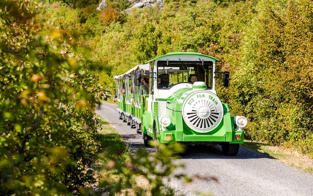 Cave train traveling through lush greenery near Lipa Cave, Cetinje.