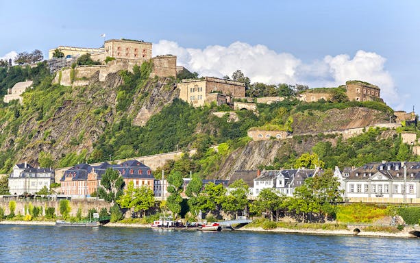 Ehrenbreitstein Fortress overlooking the Rhine River in Koblenz, Germany.