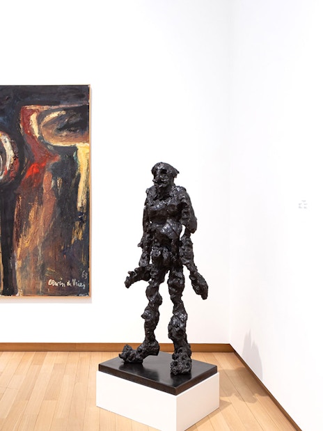 Installation view of abstract paintings and sculpture at Stedelijk Museum exhibition.