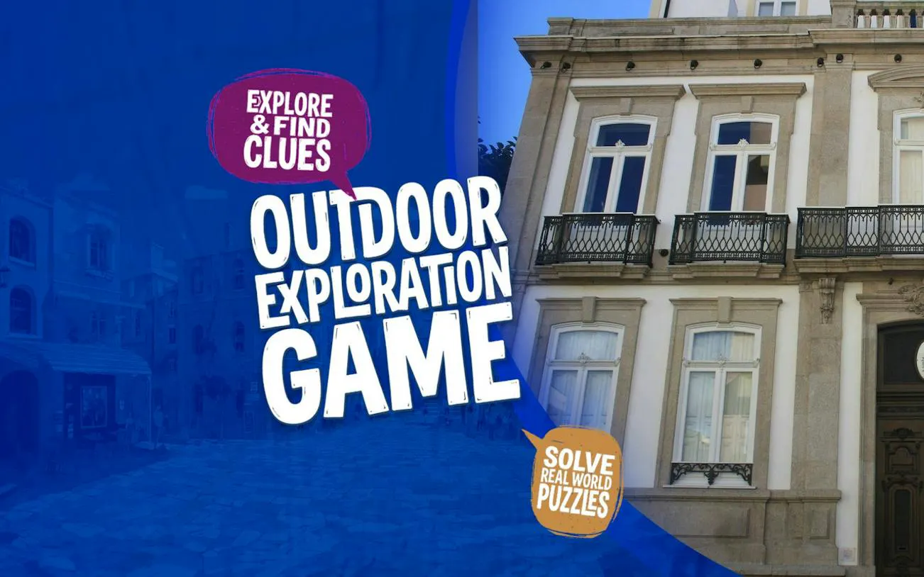 Outdoor exploration game poster with a historic building in Porto.