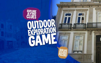 Outdoor exploration game poster with a historic building in Porto.