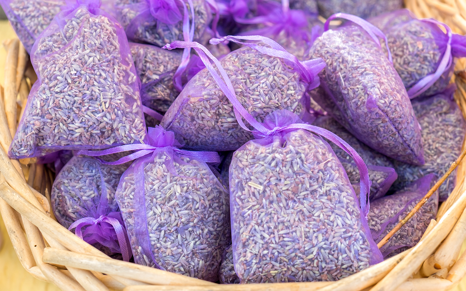 Pouches of Lavender pods in a basket