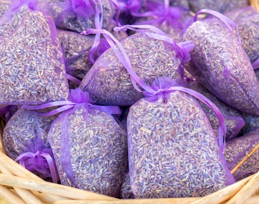 Pouches of Lavender pods in a basket