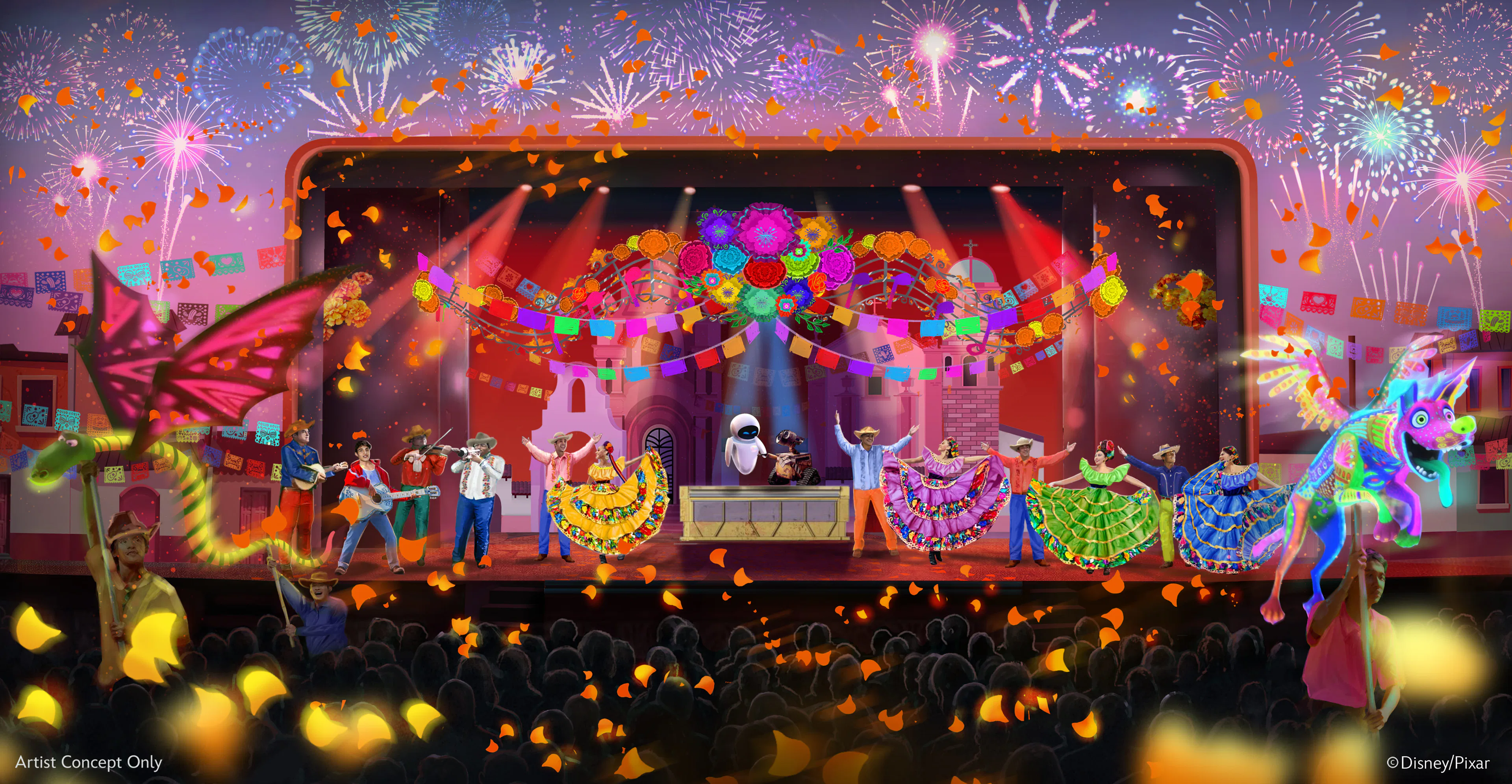 Colorful stage performance with dancers and musicians celebrating at Disney Cruise Line.