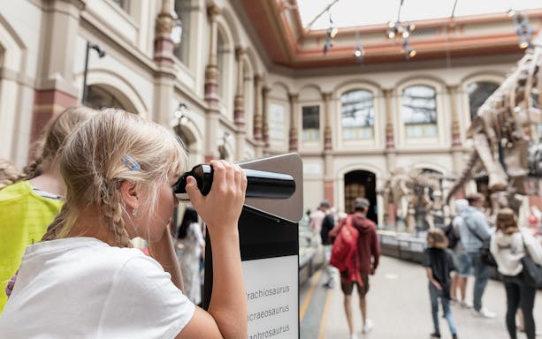 Child using binoculars at dinosaur exhibit, Natural History Museum, Berlin.
