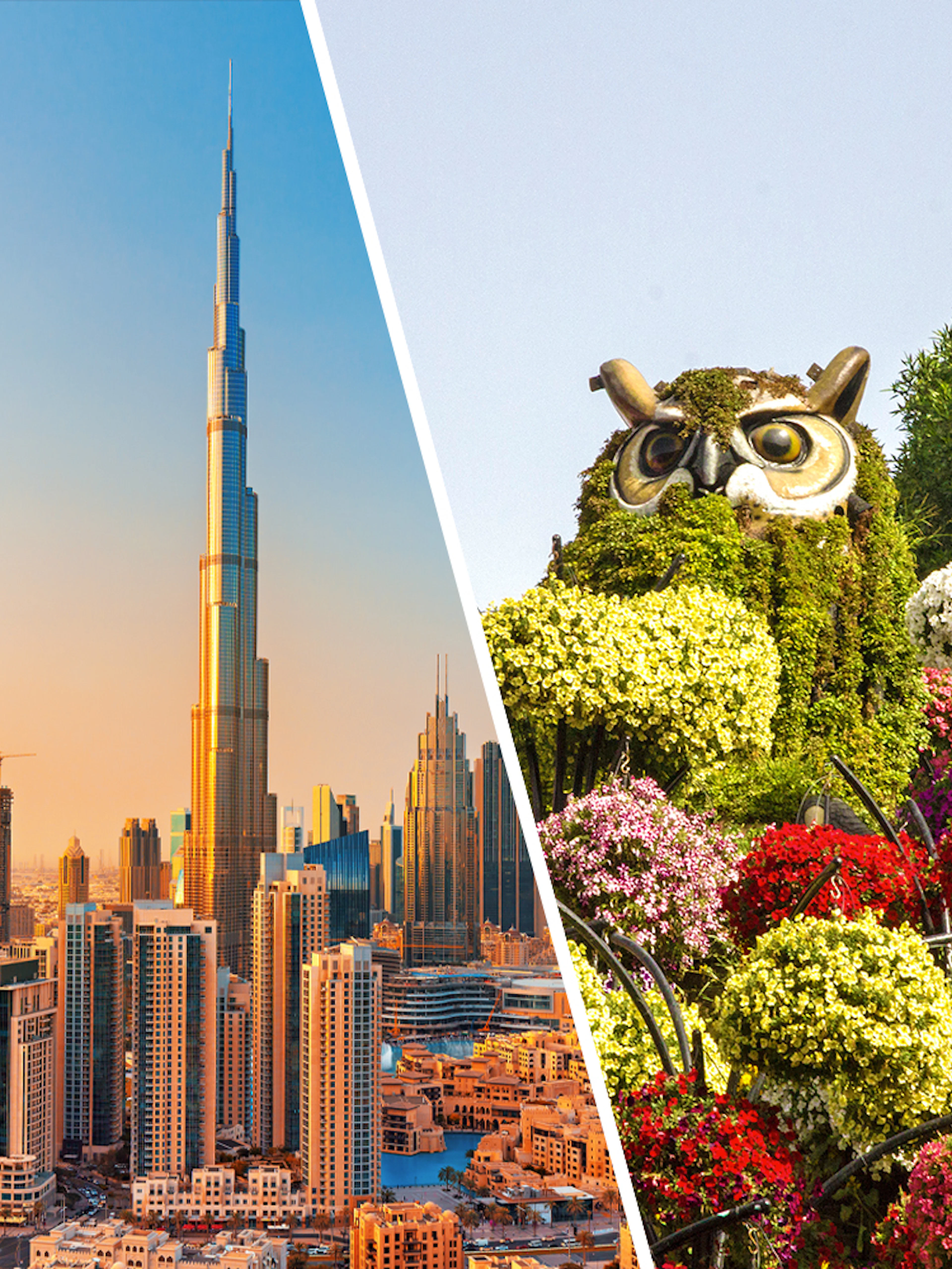 Burj Khalifa skyline and floral owl sculpture at Dubai Miracle Garden.