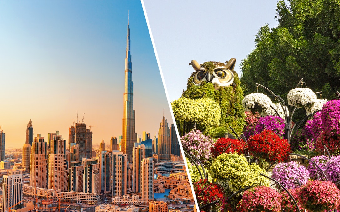 Burj Khalifa skyline and floral owl sculpture at Dubai Miracle Garden.