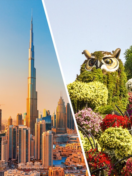 Burj Khalifa skyline and floral owl sculpture at Dubai Miracle Garden.