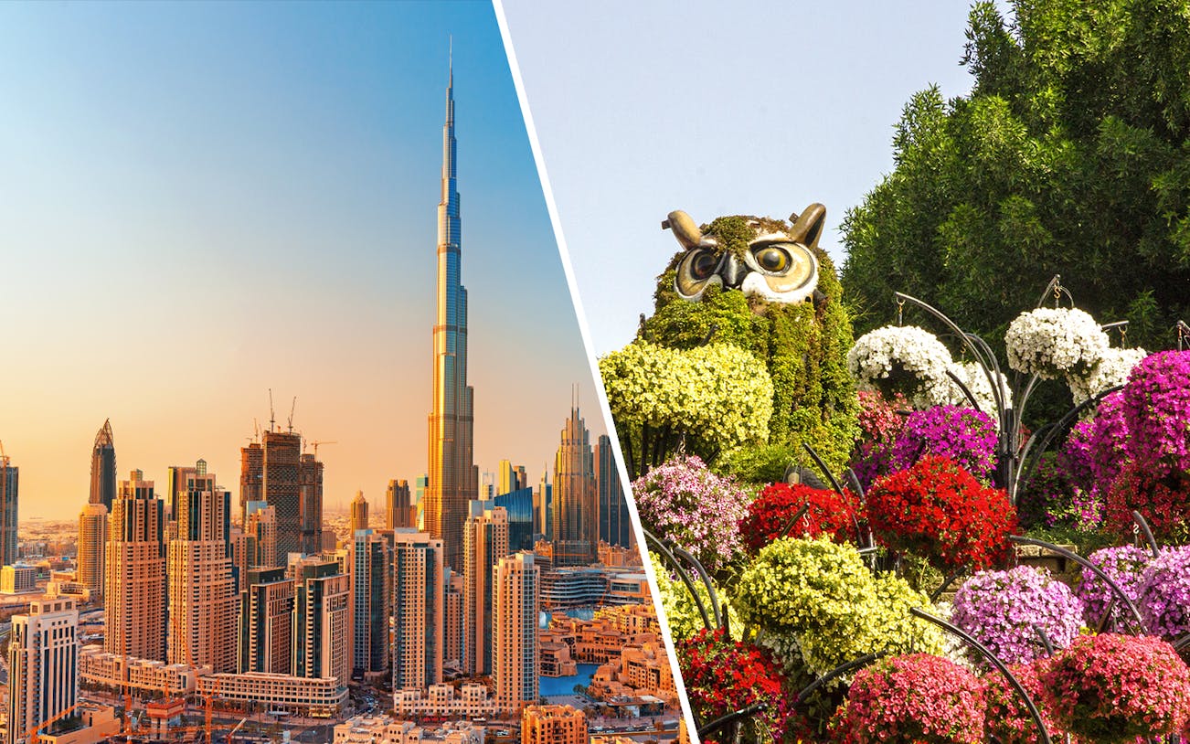 Burj Khalifa skyline and floral owl sculpture at Dubai Miracle Garden.