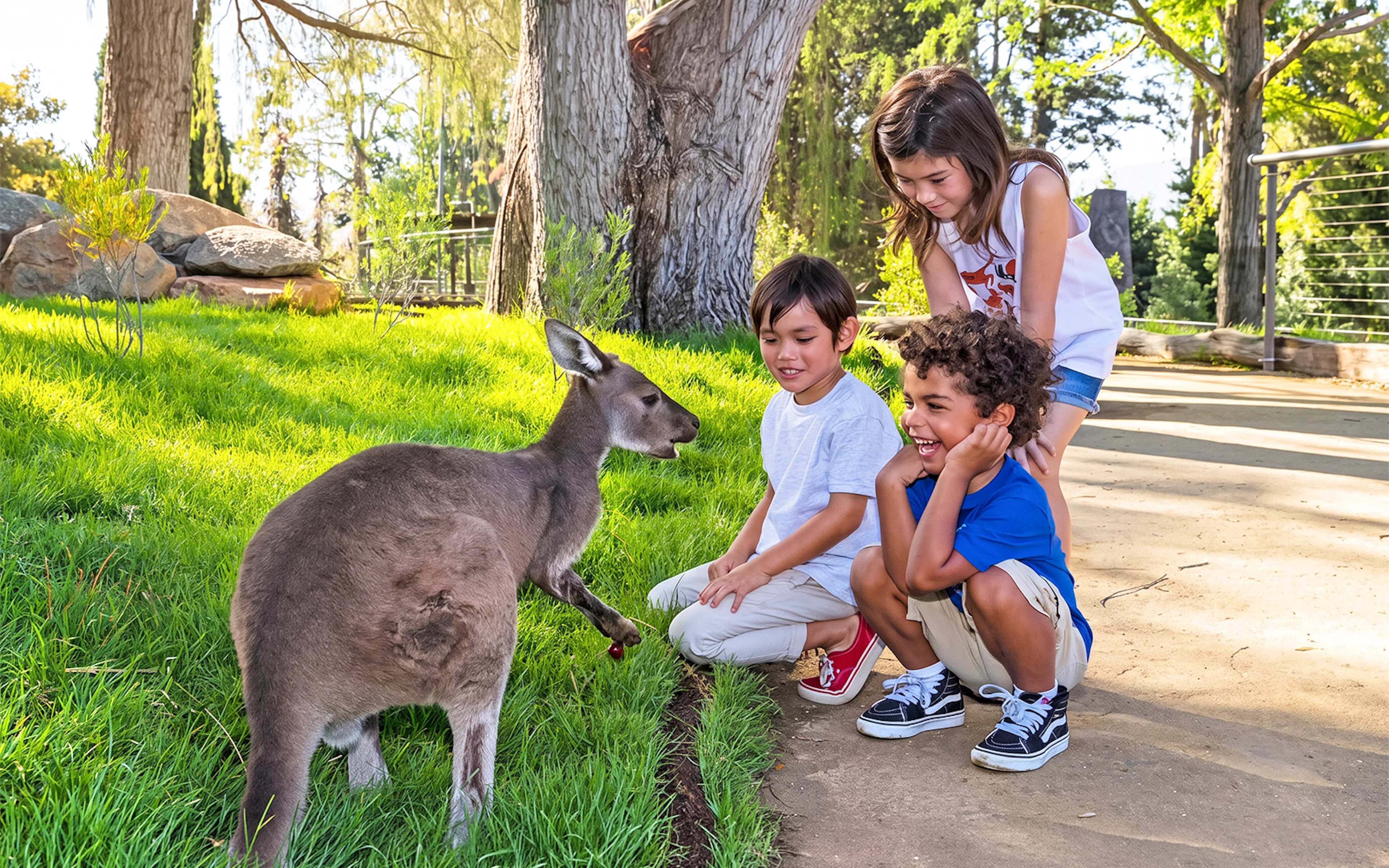 Children interacting with a kangaroo at San Diego Zoo Safari Park.