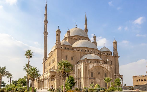 Citadel of Saladin in Cairo with palm trees and blue sky.