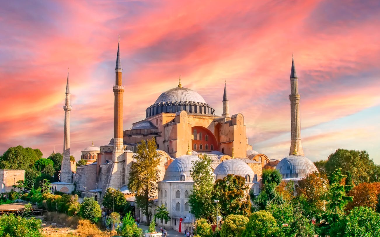 Hagia Sophia with minarets at sunset, Istanbul, Turkey.