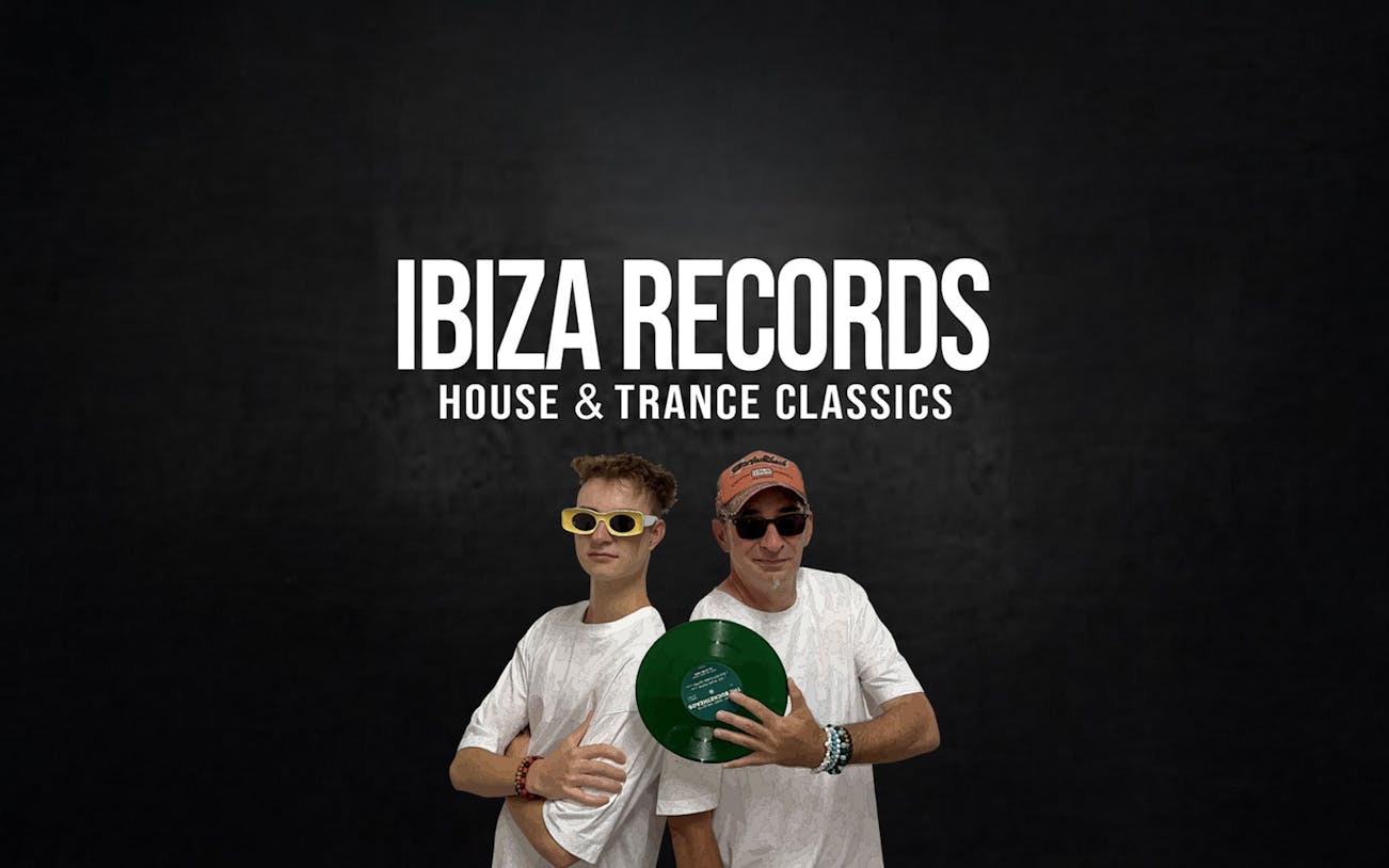 Two DJs with vinyl record promoting Ibiza Records event
