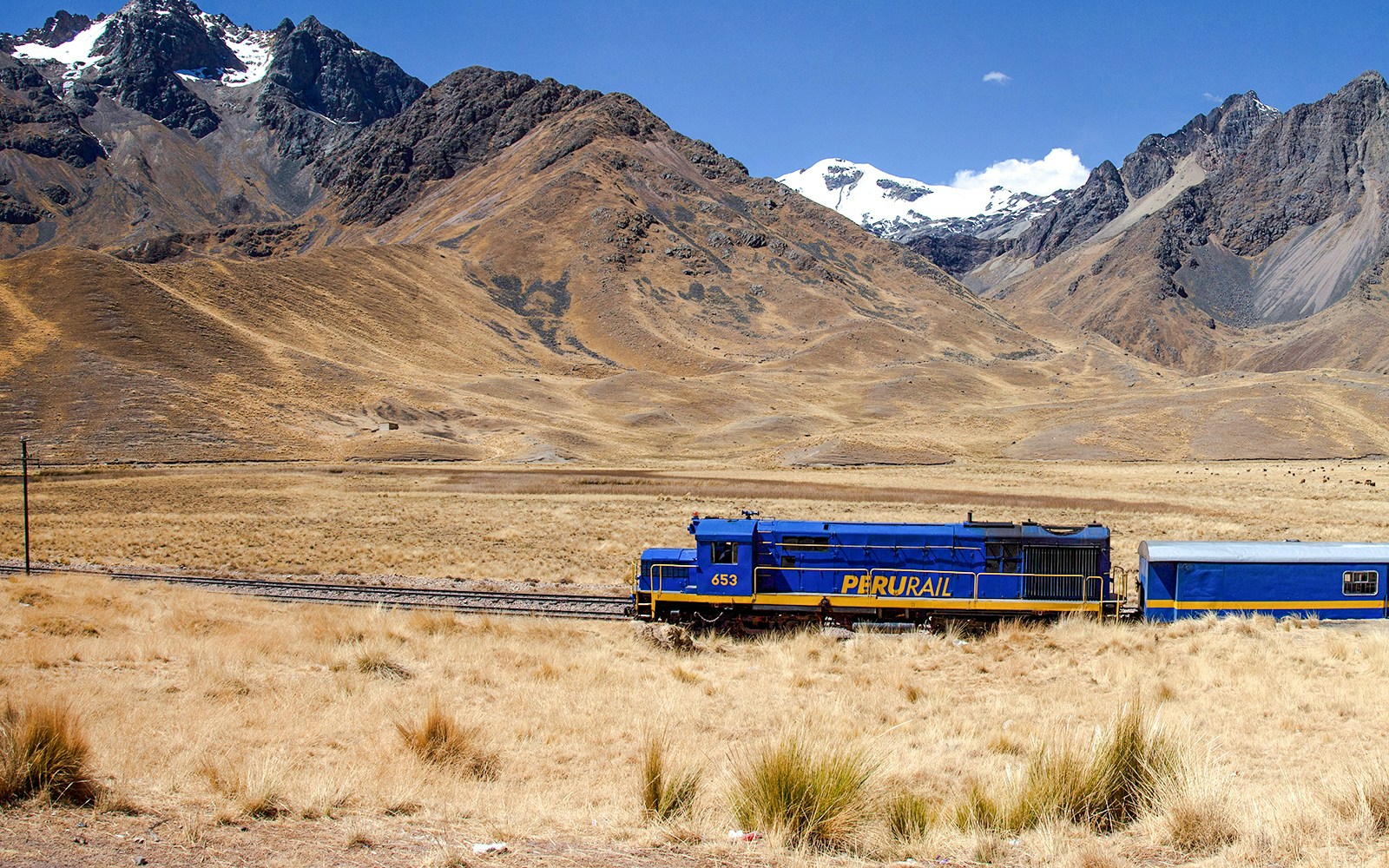 Andean Explorer train traveling through Peruvian mountains.