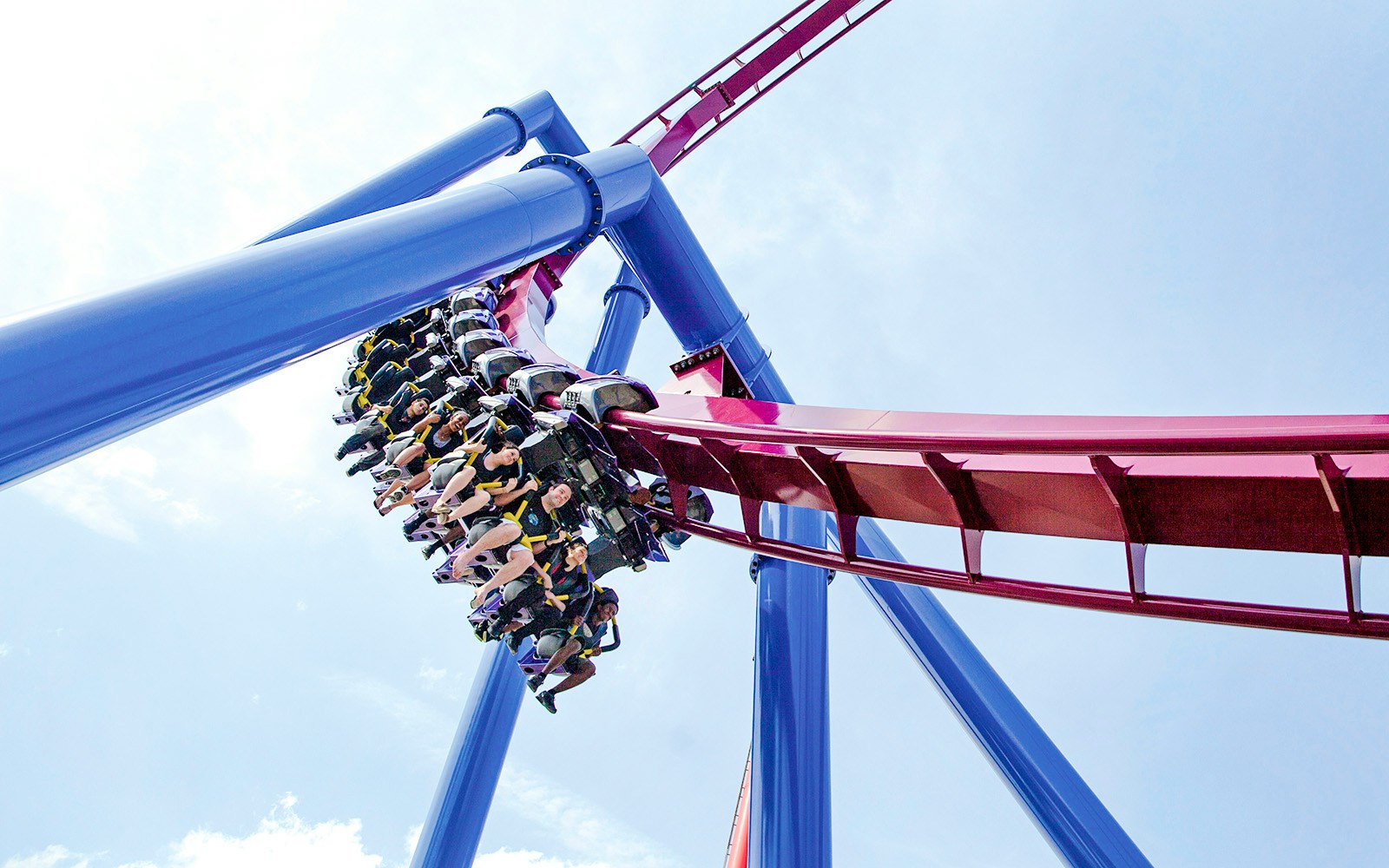 Riders on the Banshee roller coaster at Kings Island, Ohio, during a loop.