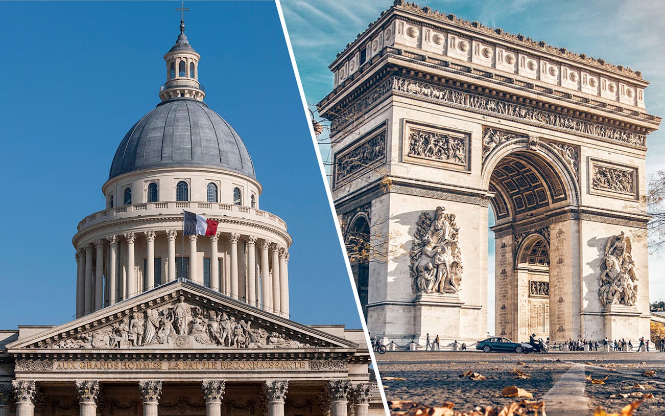 Arc de Triomphe and Pantheon in Paris, showcasing iconic architecture.