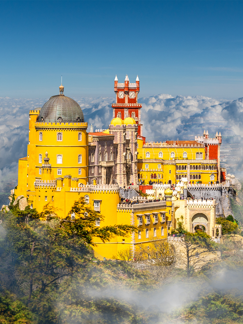 National Palace of Pena with colorful towers in Sintra, Lisbon, Portugal.