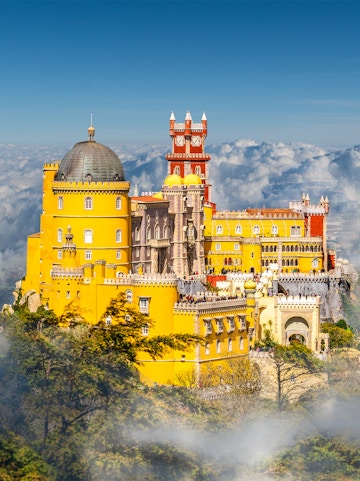 National Palace of Pena with colorful towers in Sintra, Lisbon, Portugal.
