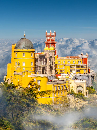 National Palace of Pena with colorful towers in Sintra, Lisbon, Portugal.