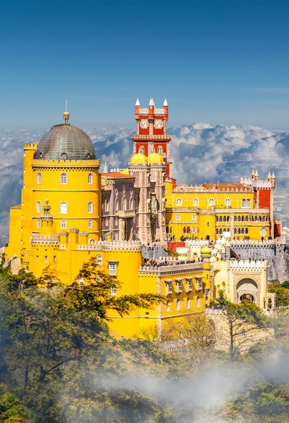 National Palace of Pena with colorful towers in Sintra, Lisbon, Portugal.