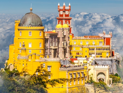 National Palace of Pena with colorful towers in Sintra, Lisbon, Portugal.