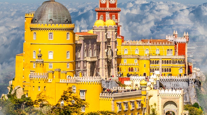 National Palace of Pena with colorful towers in Sintra, Lisbon, Portugal.