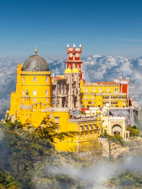 National Palace of Pena with colorful towers in Sintra, Lisbon, Portugal.