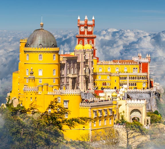 National Palace of Pena with colorful towers in Sintra, Lisbon, Portugal.