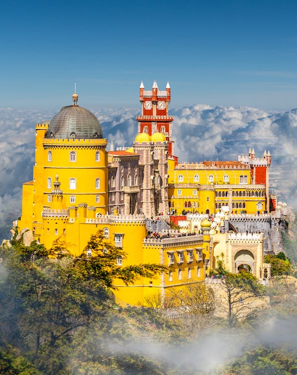 National Palace of Pena with colorful towers in Sintra, Lisbon, Portugal.