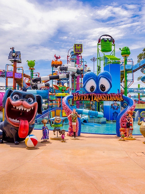 Columbia Pictures Aquaverse Pattaya water park with Hotel Transylvania theme and colorful slides.