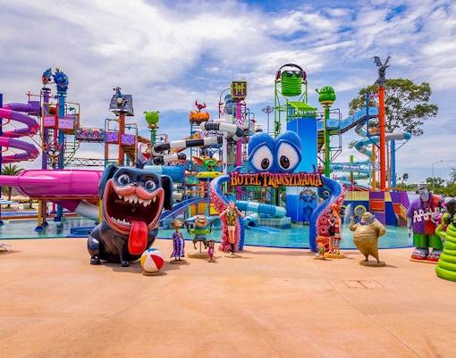 Columbia Pictures Aquaverse Pattaya water park with Hotel Transylvania theme and colorful slides.