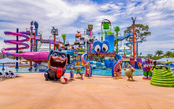 Columbia Pictures Aquaverse Pattaya water park with Hotel Transylvania theme and colorful slides.
